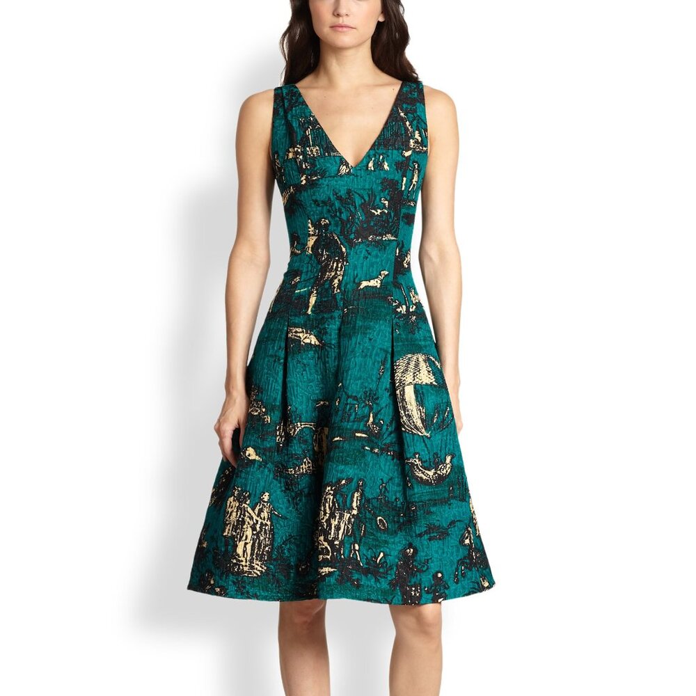 Oscar de la Renta AW/13 Teal Jacquard Sleeveless Pleated A-Line Dress